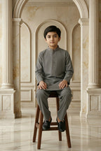 Greenish Grey Embroidered Kids Kurta by Al Deebaj, photo 4