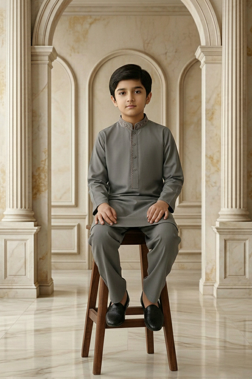 Greenish Grey Embroidered Kids Kurta by Al Deebaj, photo 4