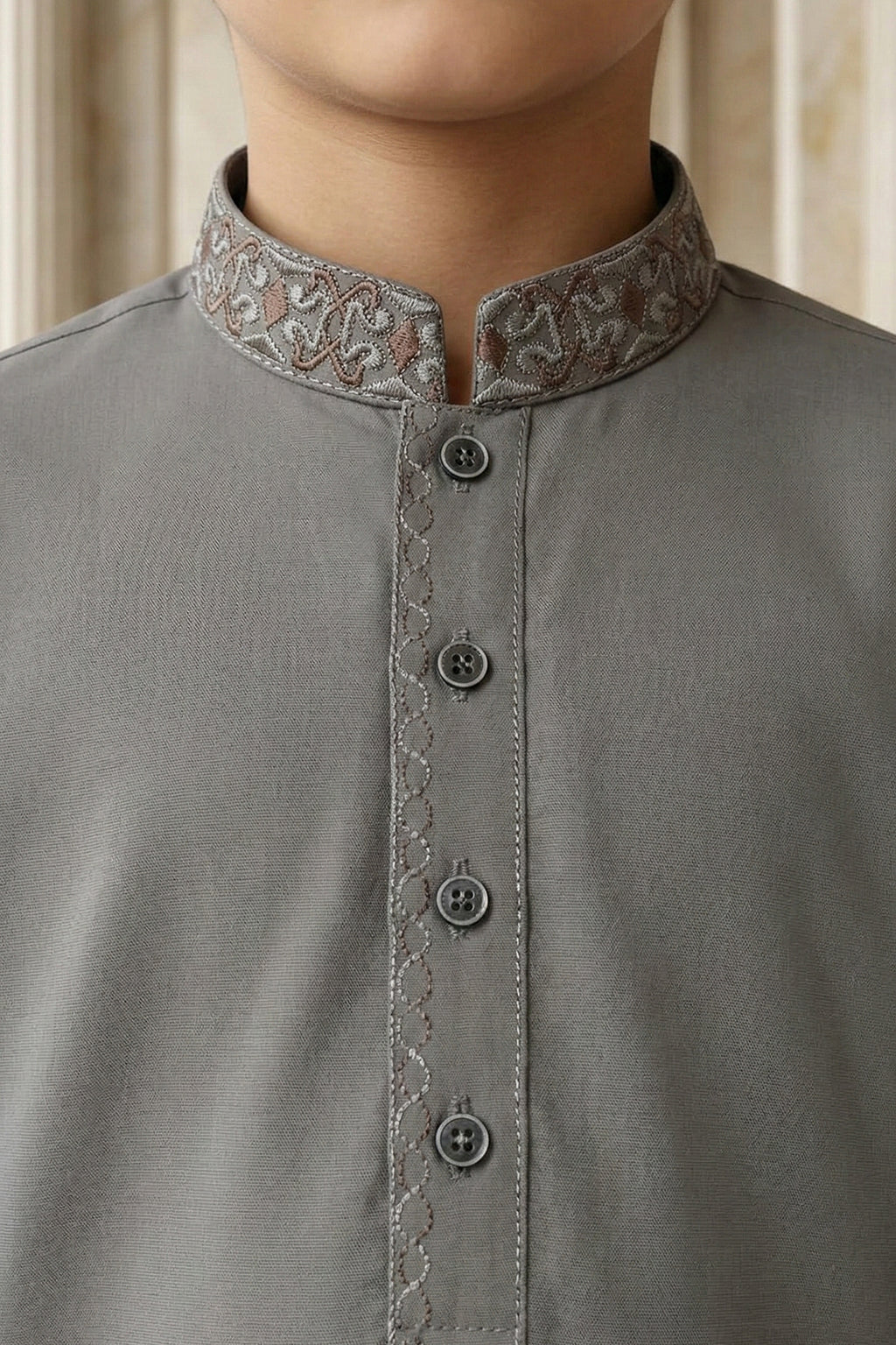 Greenish Grey Embroidered Kids Kurta by Al Deebaj, photo 2
