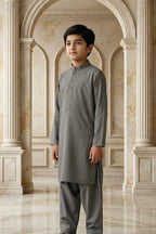 Greenish Grey Embroidered Kids Kurta by Al Deebaj, photo 3