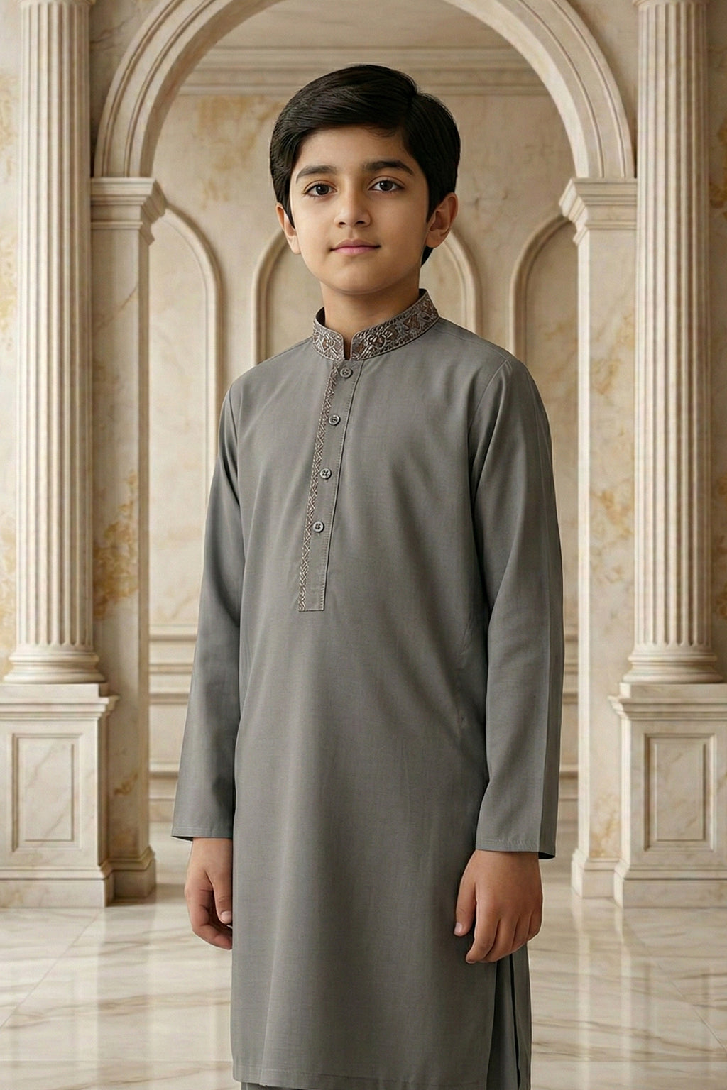 Greenish Grey Embroidered Kids Kurta by Al Deebaj