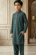 Bottle Green Embroidered Kids Kurta Shalwar by Al Deebaj