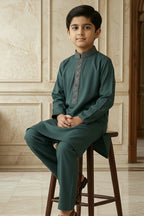 Bottle Green Embroidered Kids Kurta Shalwar by Al Deebaj, photo 3