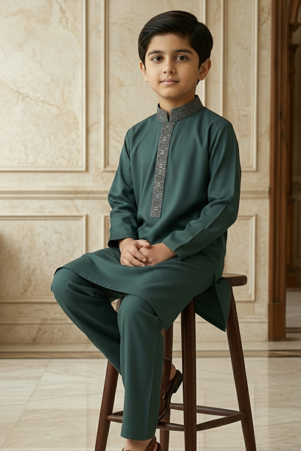 Bottle Green Embroidered Kids Kurta Shalwar by Al Deebaj, photo 3
