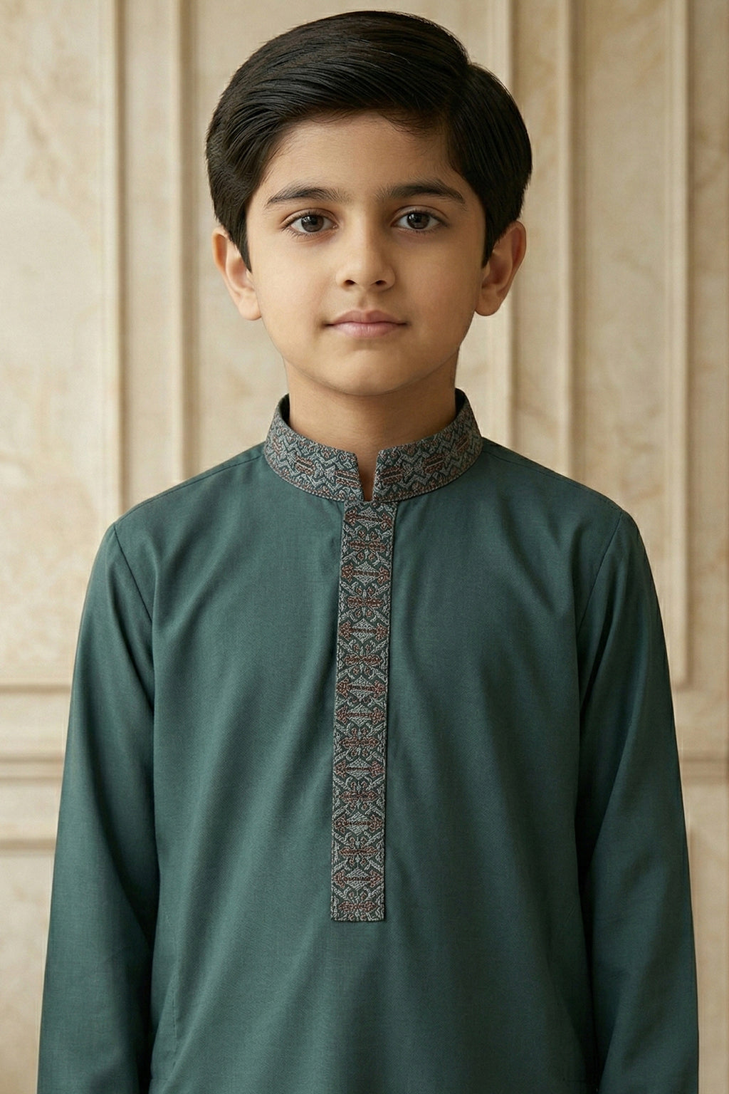 Bottle Green Embroidered Kids Kurta Shalwar by Al Deebaj, photo 2