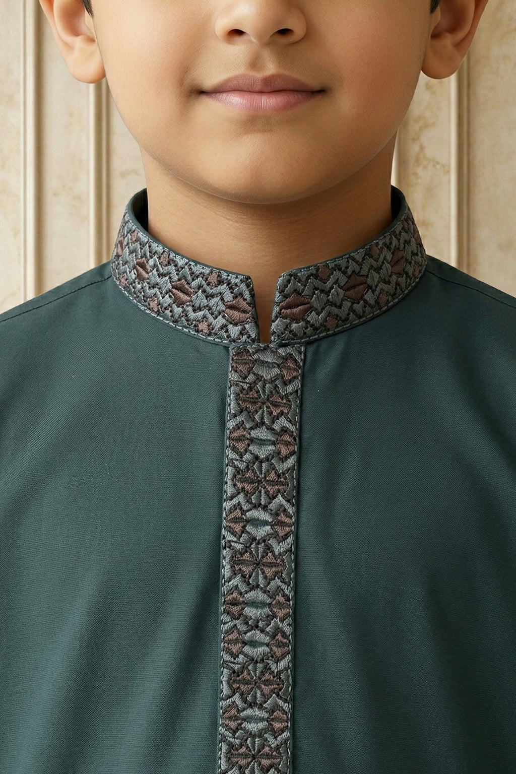 Bottle Green Embroidered Kids Kurta Shalwar by Al Deebaj, photo 4