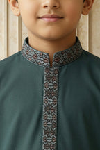 Bottle Green Embroidered Kids Kurta Shalwar by Al Deebaj, photo 4