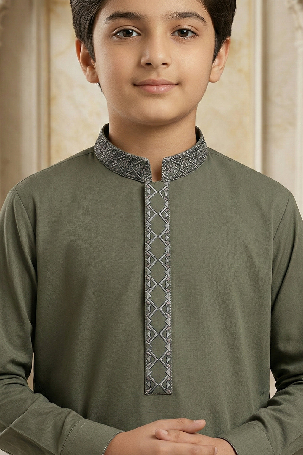 Olive Green Embroidered Kids Kurta Shalwar by Al Deebaj, photo 2