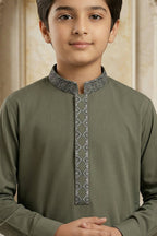 Olive Green Embroidered Kids Kurta Shalwar by Al Deebaj, photo 2