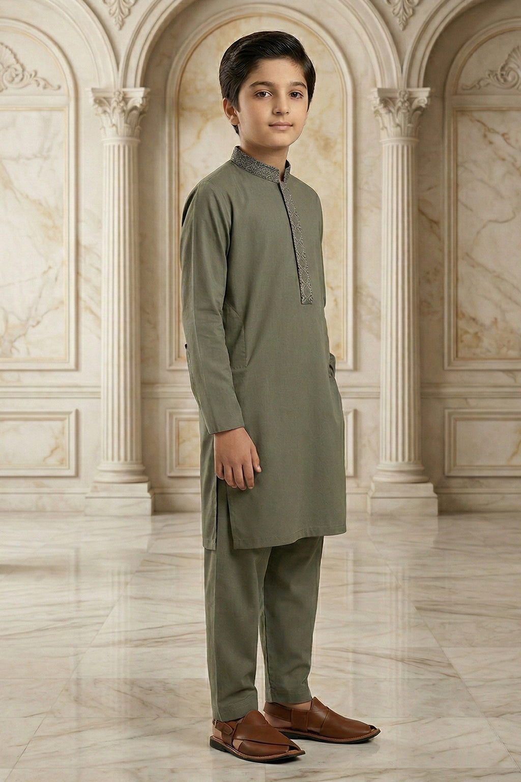 Olive Green Embroidered Kids Kurta Shalwar by Al Deebaj