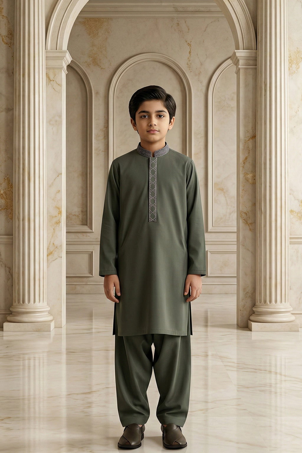 Olive Green Embroidered Kids Kurta Shalwar by Al Deebaj, photo 3