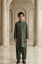 Olive Green Embroidered Kids Kurta Shalwar by Al Deebaj, photo 3