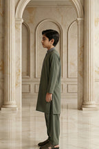 Olive Green Embroidered Kids Kurta Shalwar by Al Deebaj, photo 4
