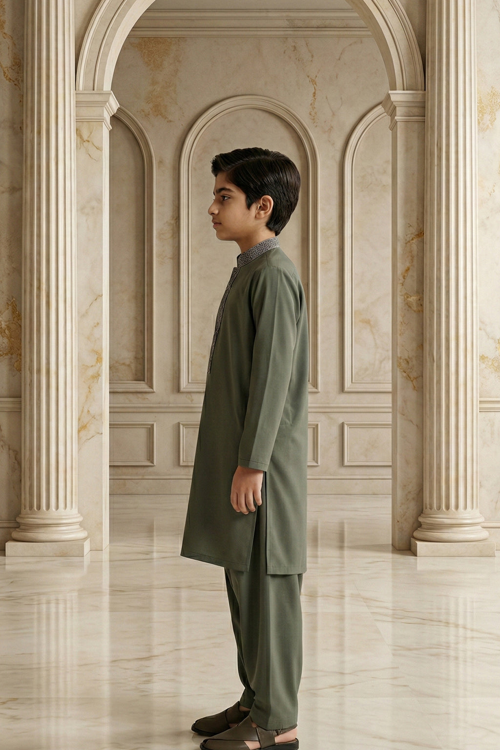 Olive Green Embroidered Kids Kurta Shalwar by Al Deebaj, photo 4