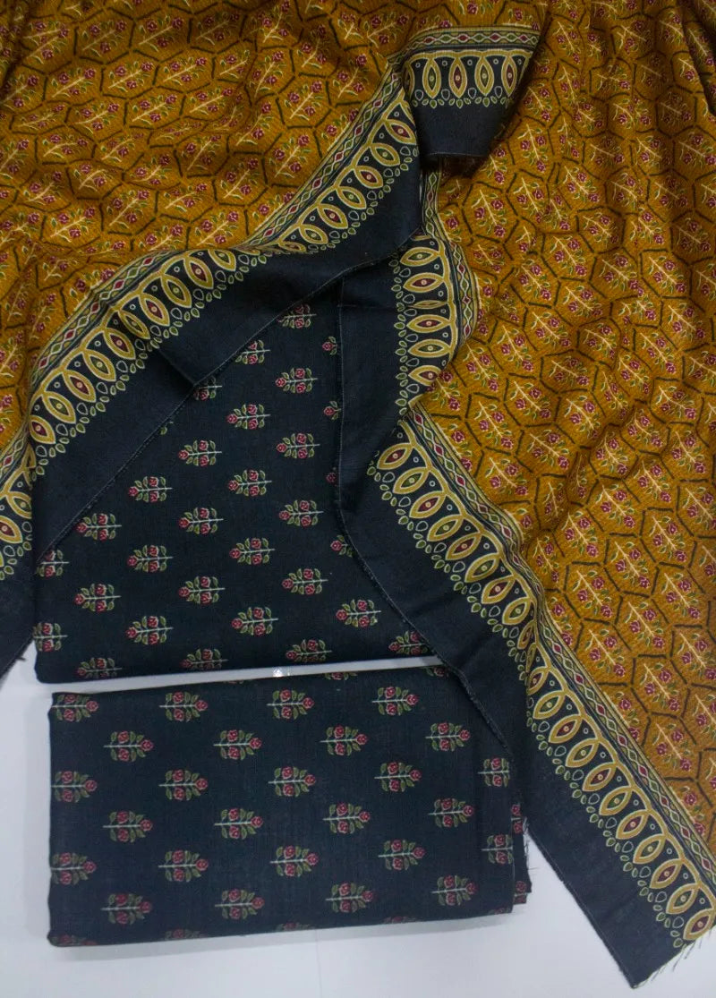 Printed Black Khaddar 3-Piece Unstitched Suit by Bin Saeed