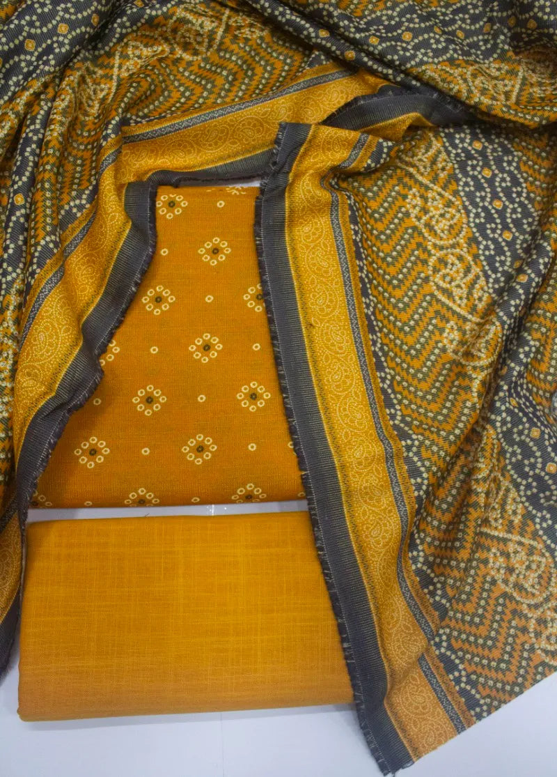 Printed Orange Khaddar 3-Piece Unstitched Suit by Bin Saeed
