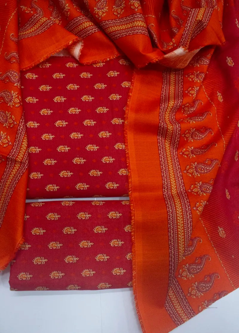 Printed Red Khaddar 3-Piece Unstitched Suit by Bin Saeed