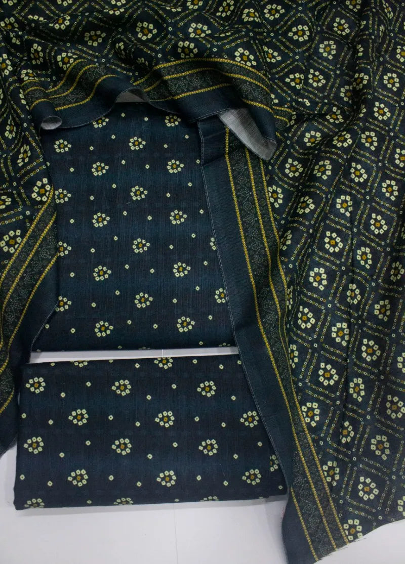 Printed Navy Blue Khaddar 3-Piece Unstitched Suit by Bin Saeed