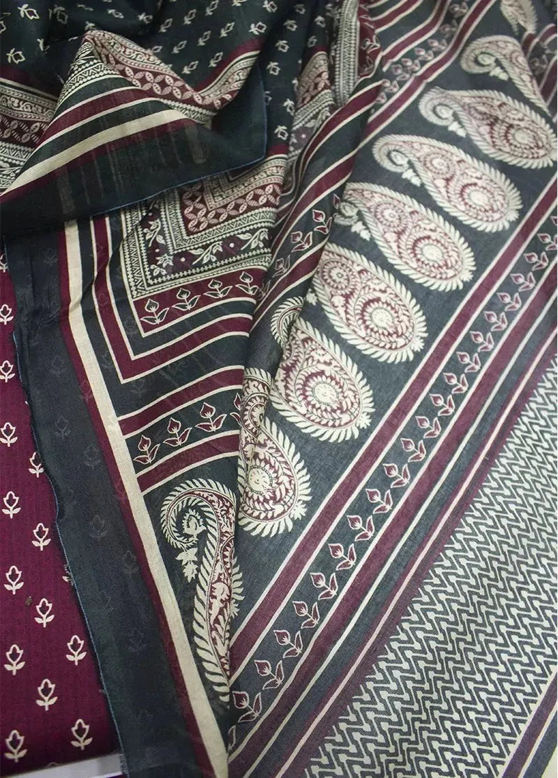 Printed Maroon Khaddar 3-Piece Unstitched Suit by Bin Saeed, photo 3