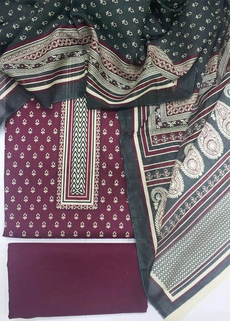 Printed Maroon Khaddar 3-Piece Unstitched Suit by Bin Saeed