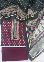 Printed Maroon Khaddar 3-Piece Unstitched Suit by Bin Saeed