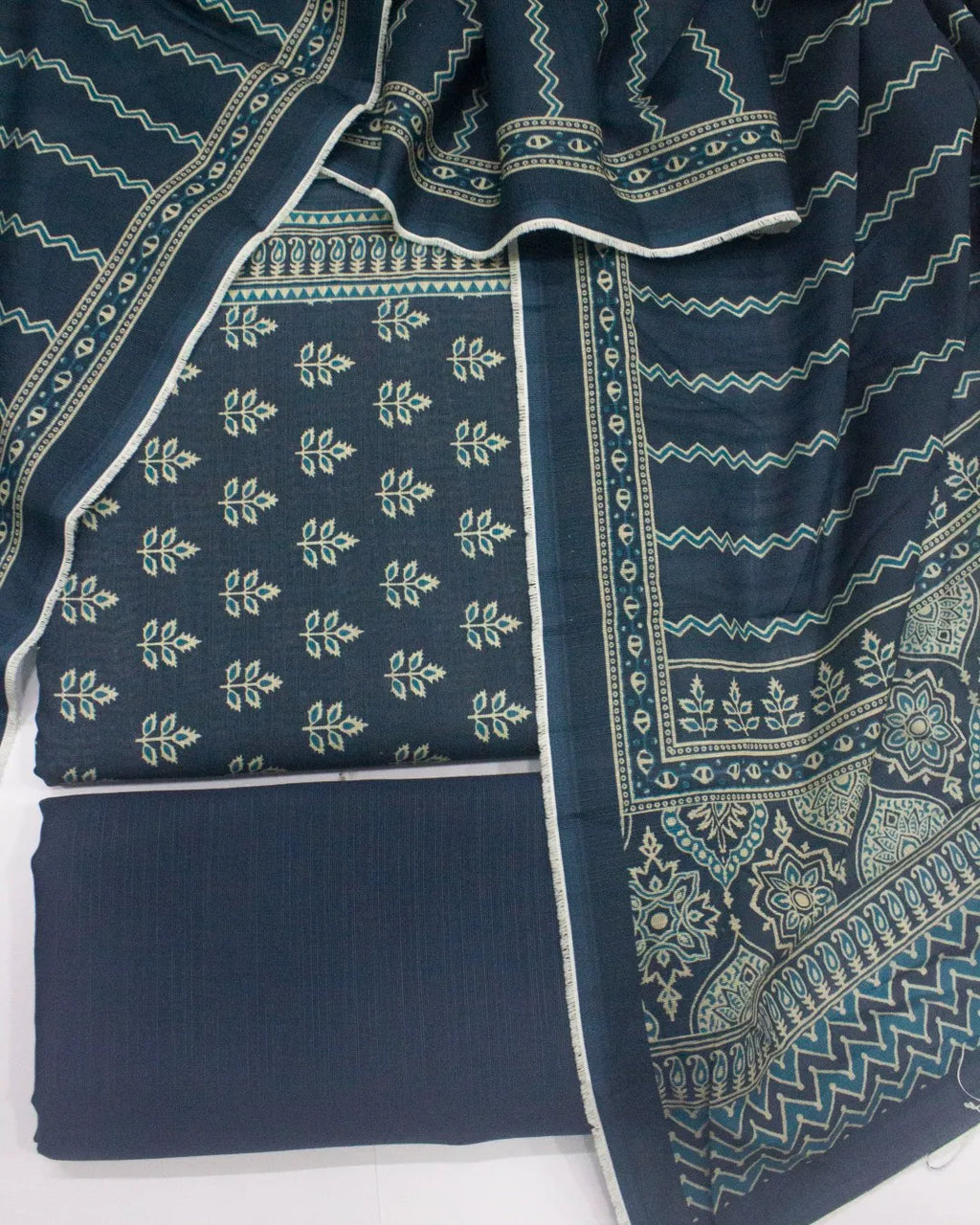 Printed Navy Blue Khaddar 3-Piece Unstitched Suit by Bin Saeed