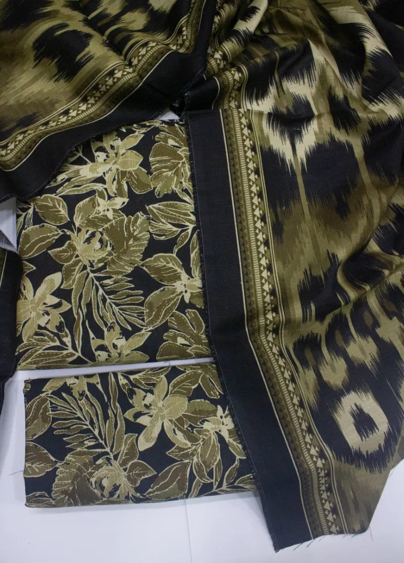 Printed Black & Green Khaddar 3-Piece Unstitched Suit by Bin Saeed