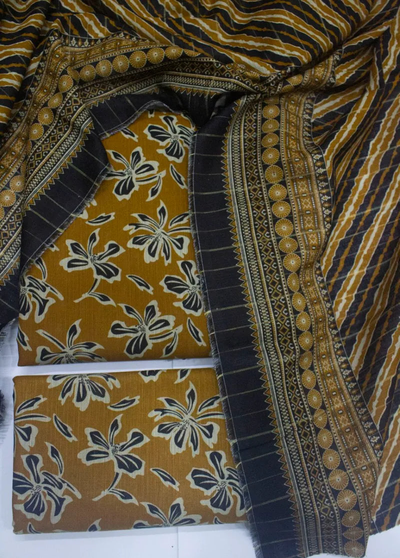 Printed Mustard Khaddar 3-Piece Unstitched Suit by Bin Saeed