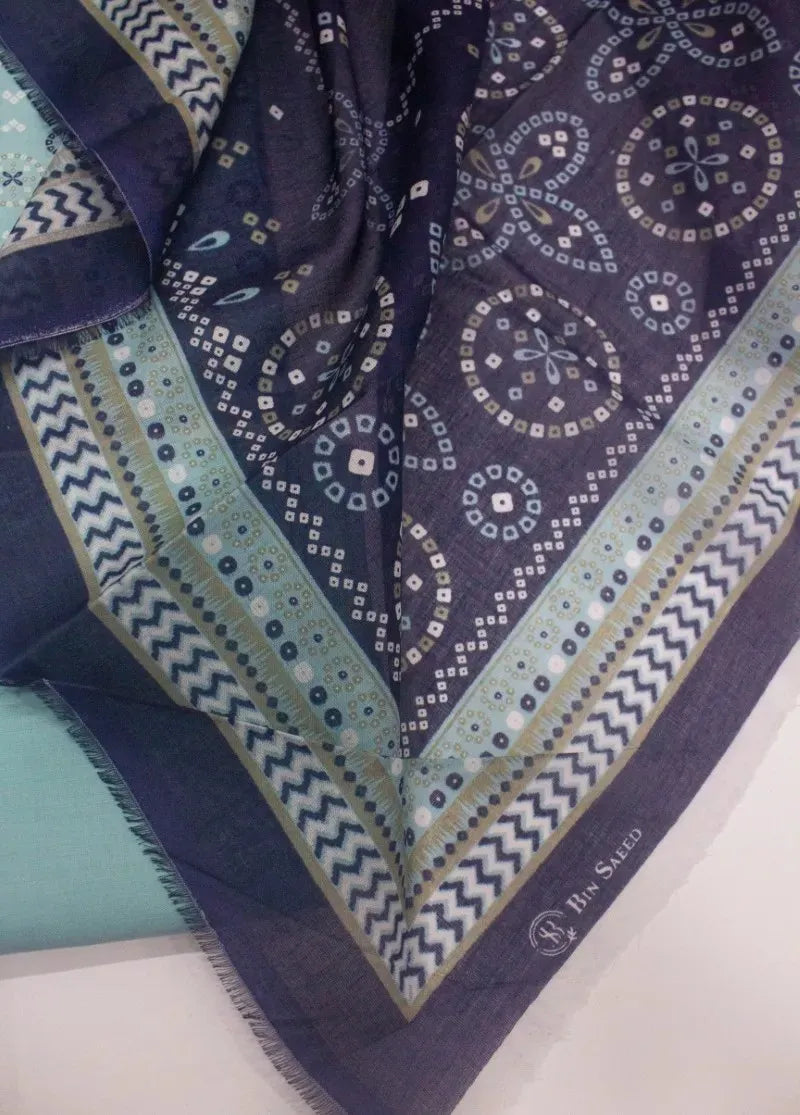 Printed Aqua Blue Khaddar 3-Piece Unstitched Suit by Bin Saeed, photo 3