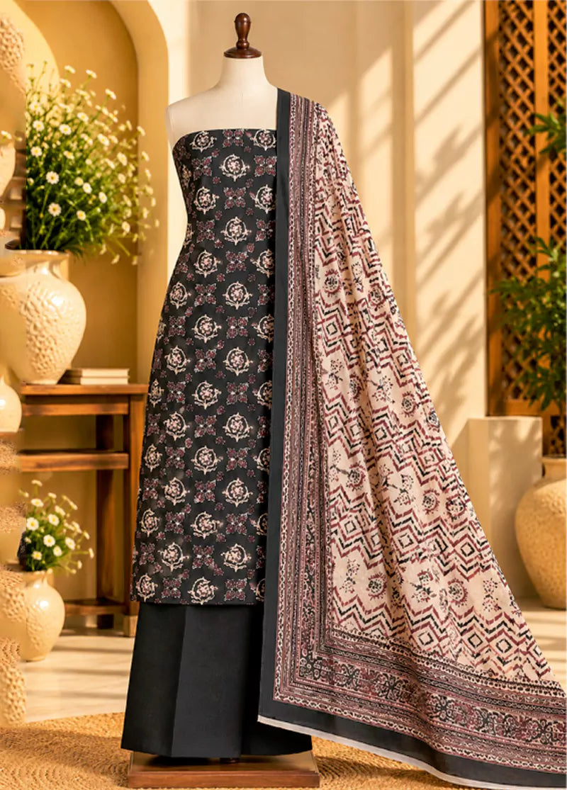 Printed Black Khaddar 3-Piece Unstitched Suit by Bin Saeed