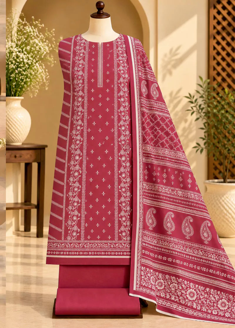 Printed Red Khaddar 3-Piece Unstitched Suit by Bin Saeed
