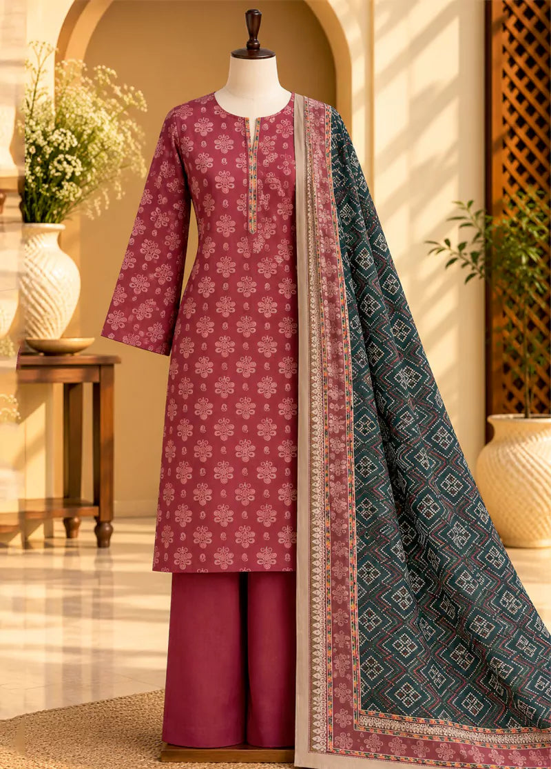 Printed Red Khaddar 3-Piece Unstitched Suit by Bin Saeed