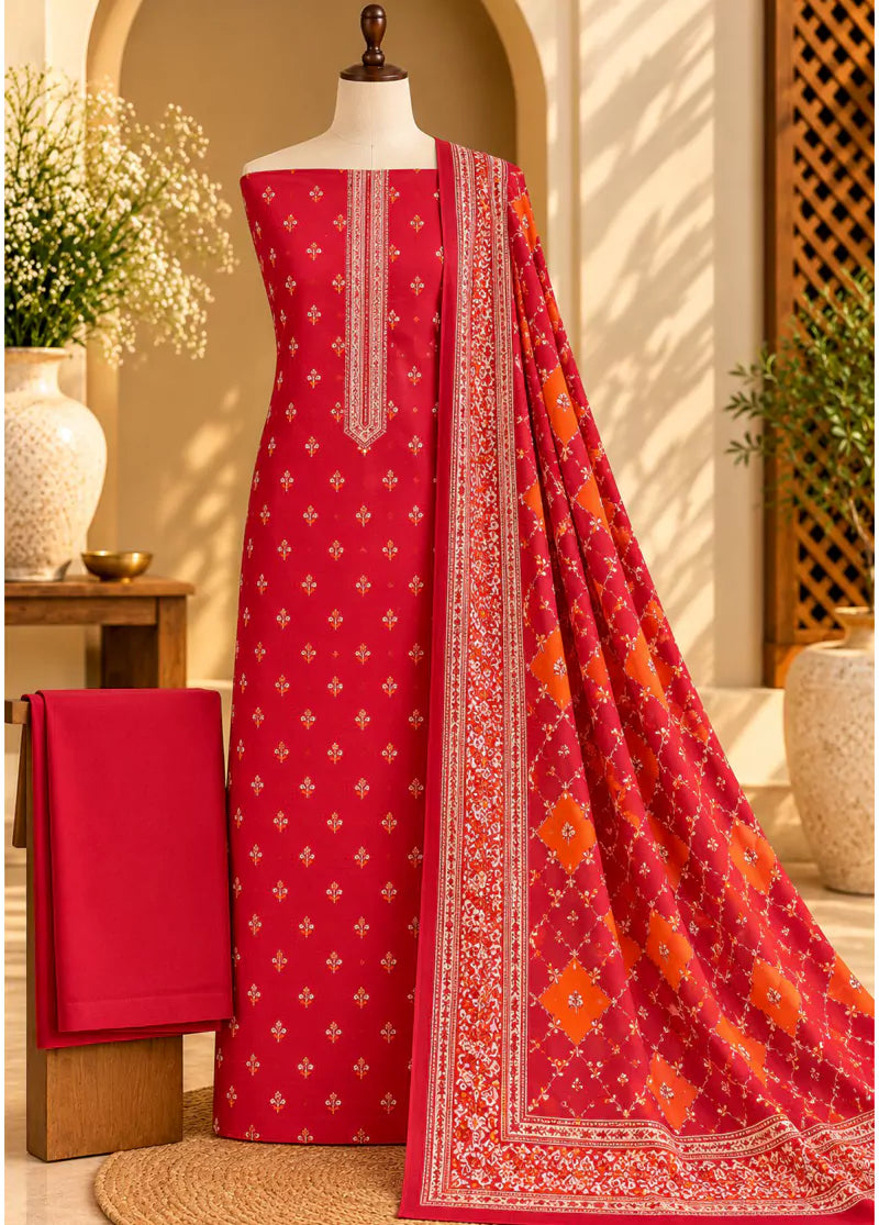 Printed Red Khaddar 3-Piece Unstitched Suit by Bin Saeed