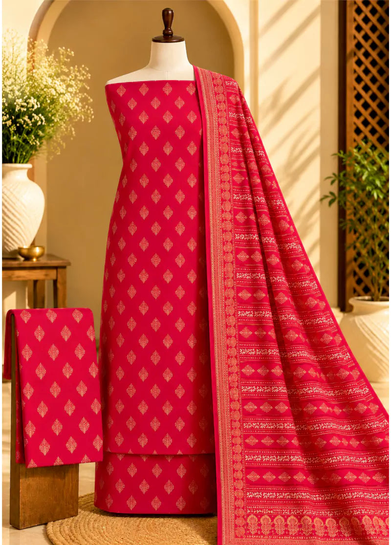 Printed Red Khaddar 3-Piece Unstitched Suit by Bin Saeed