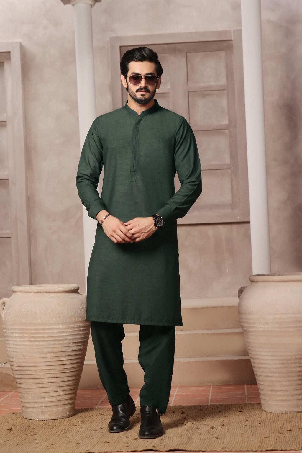 Green Self Kurta Pajama by Al Deebaj