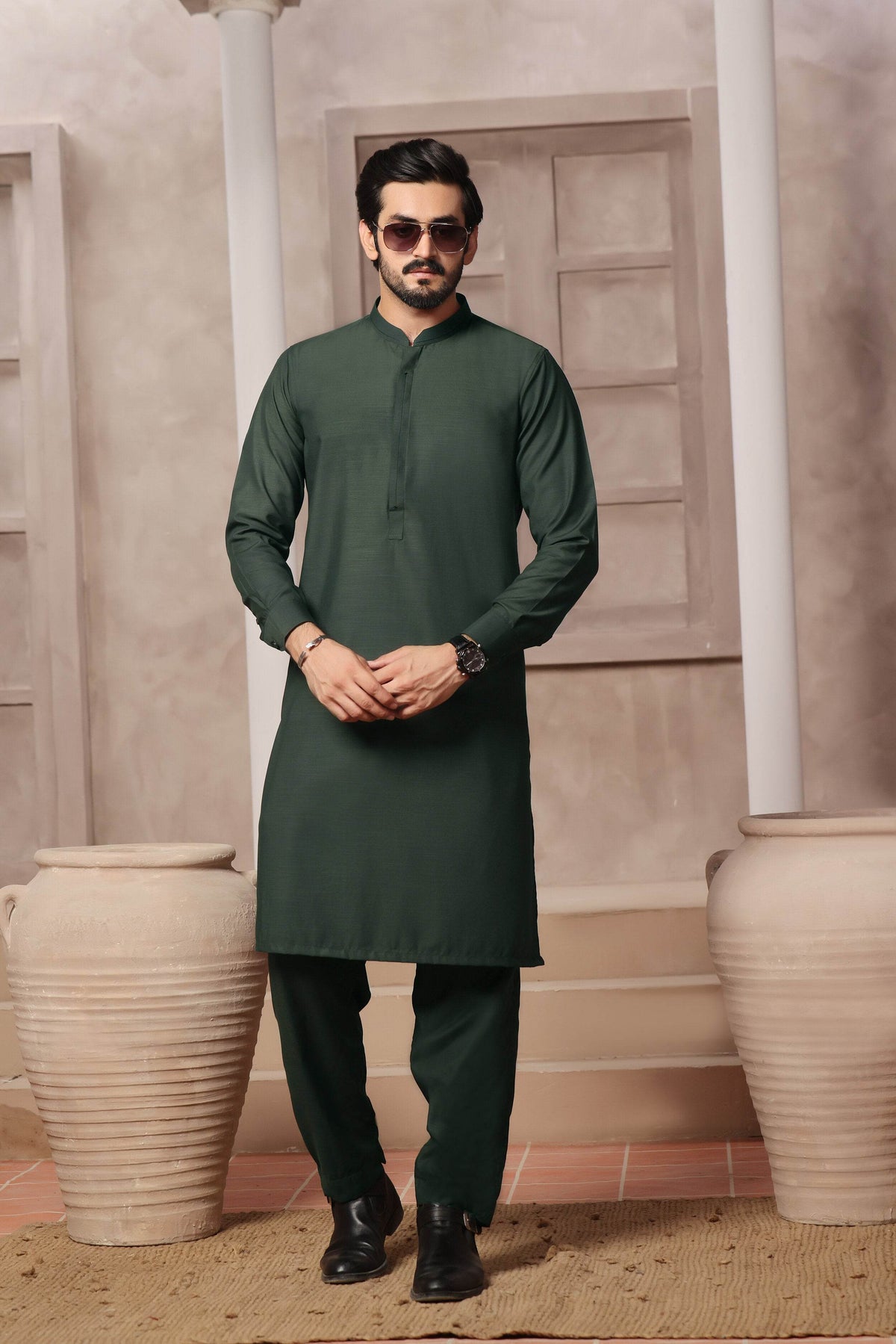 Green Self Kurta Pajama by Al Deebaj