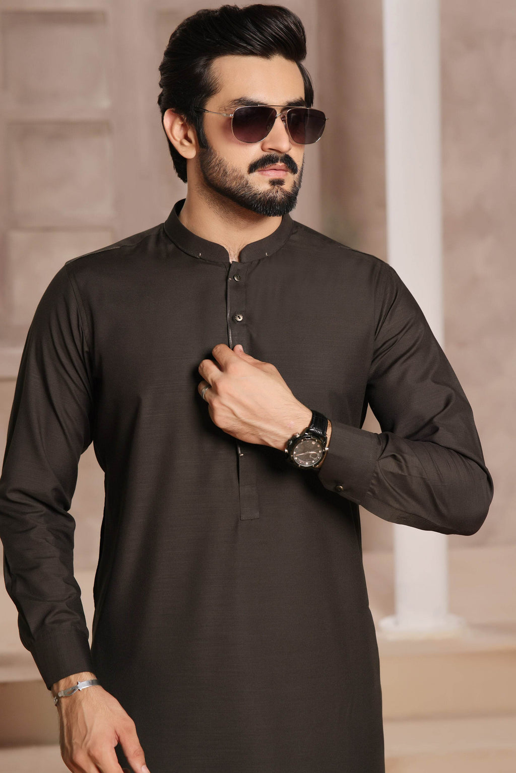 Dark Brown Self Kurta Pajama by Al Deebaj, photo 4