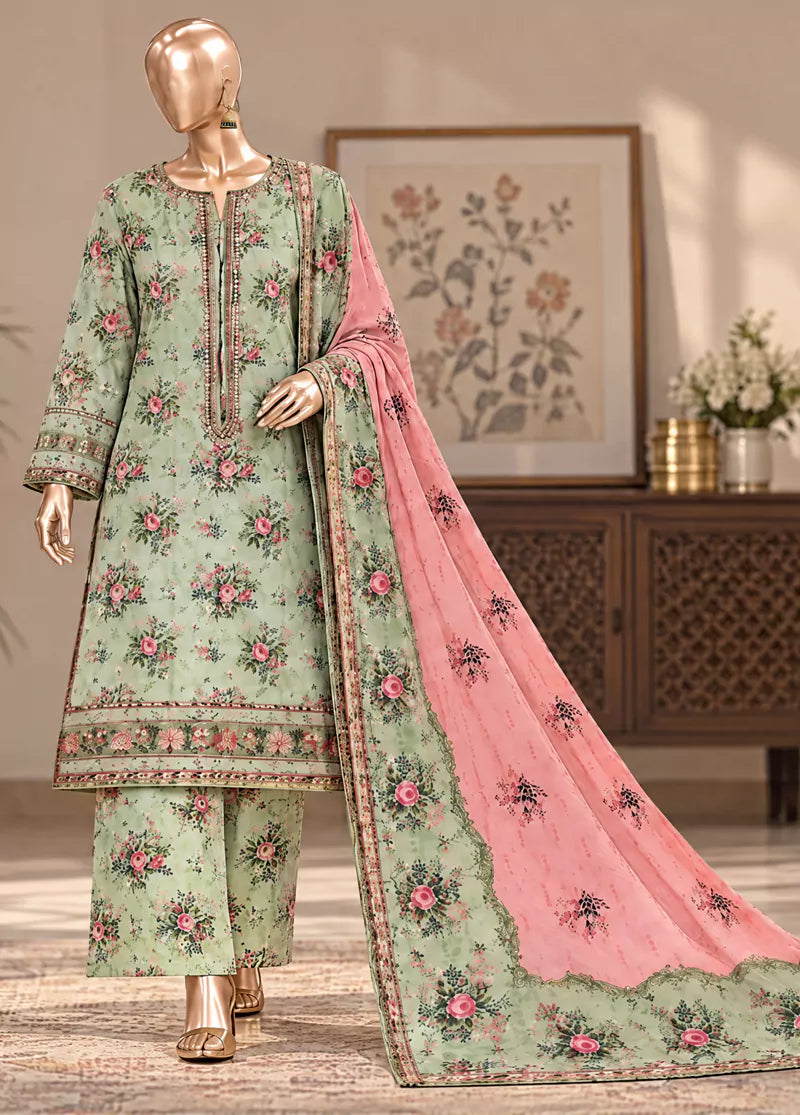 Embroidered Mint Green Khaddar 3-Piece Stitched Suit by Bin Saeed