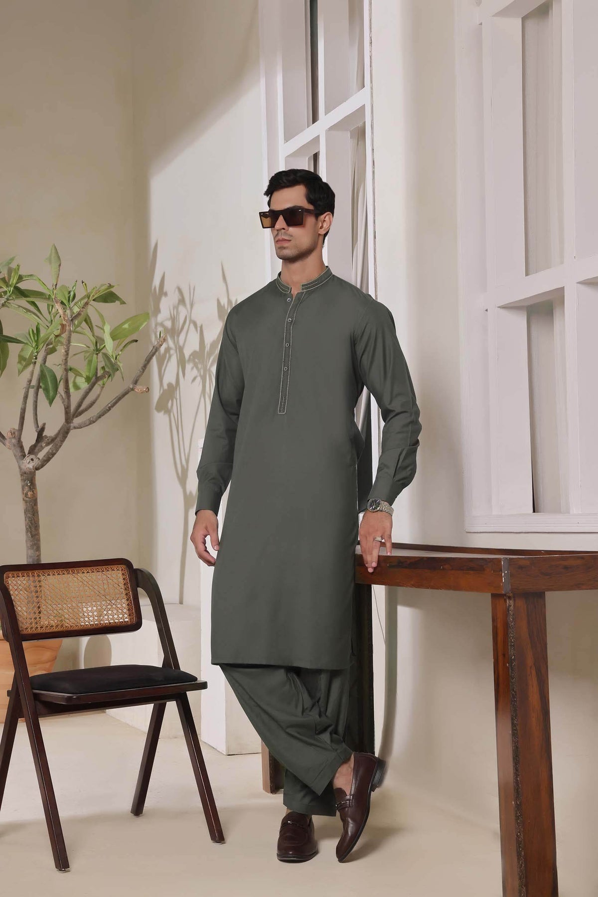 Grey Embroidery Kurta Shalwar by Al Deebaj