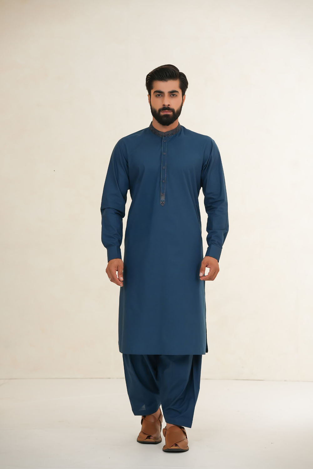 Greyish Blue Embroidered Kurta Shalwar by Al Deebaj