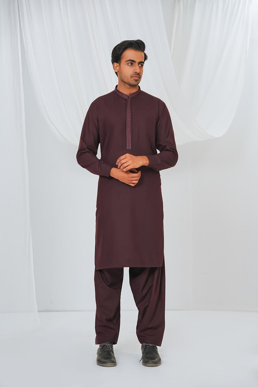 Maroon Embroidered Kurta Shalwar by Al Deebaj