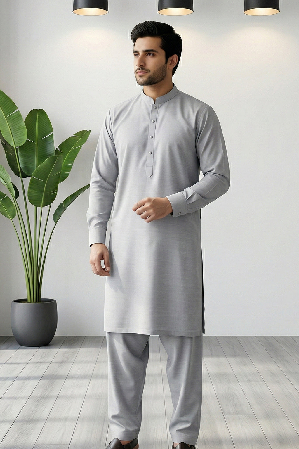 Light Grey Plain Kurta Shalwar by Al Deebaj