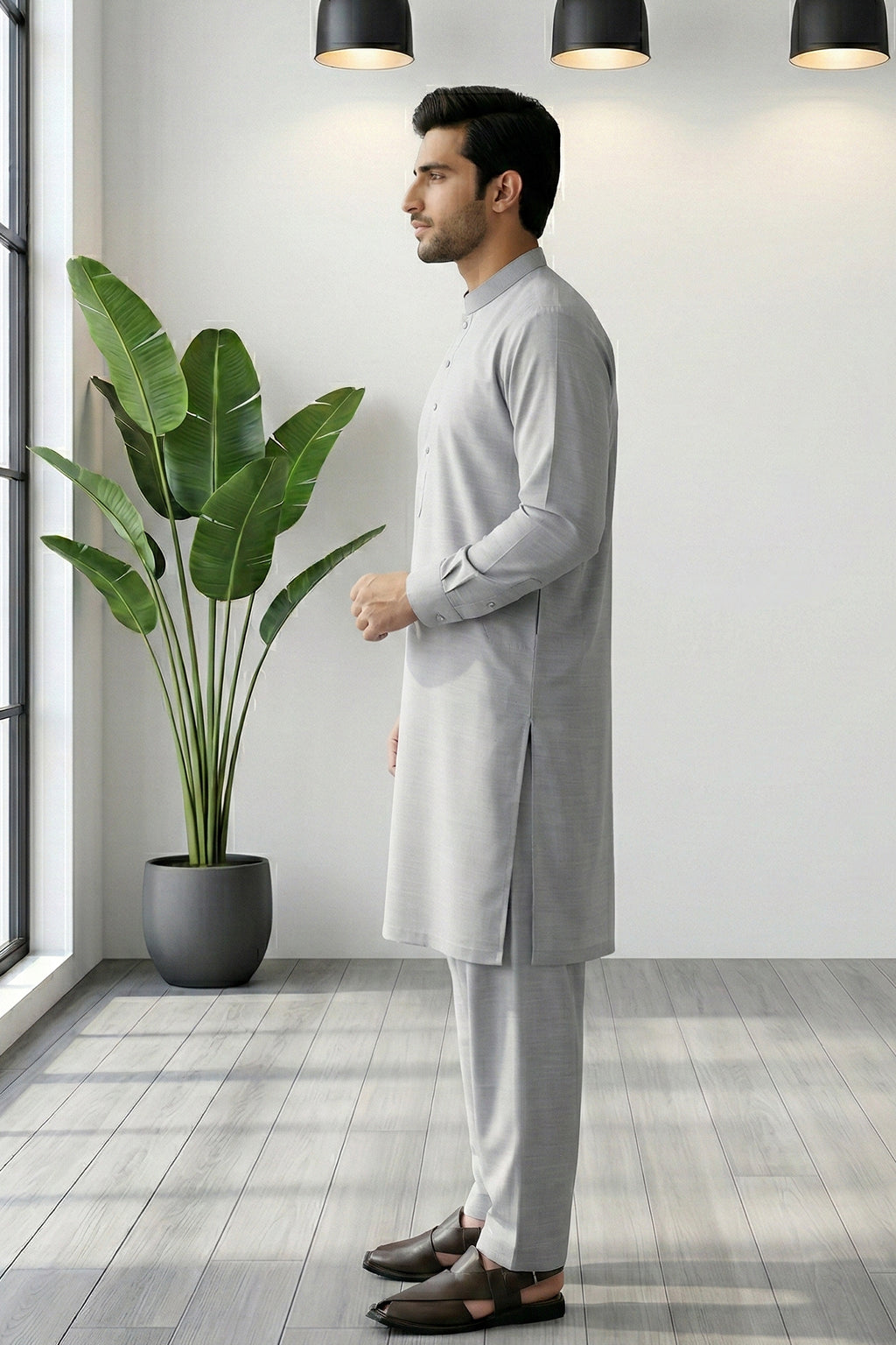 Light Grey Plain Kurta Shalwar by Al Deebaj, photo 3