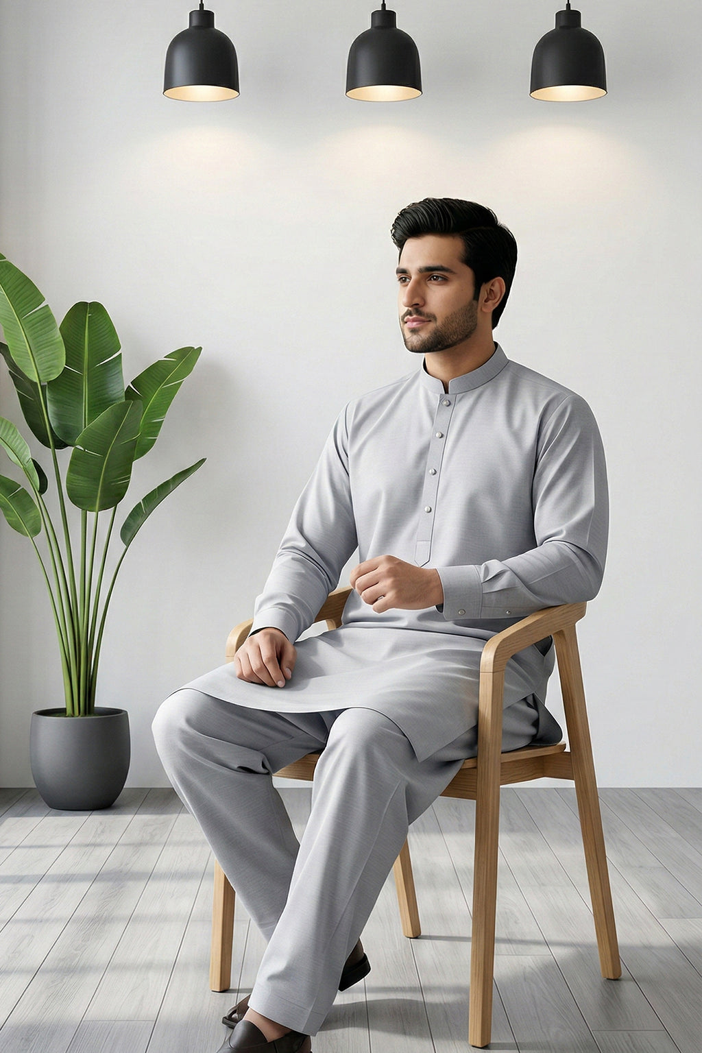 Light Grey Plain Kurta Shalwar by Al Deebaj, photo 4