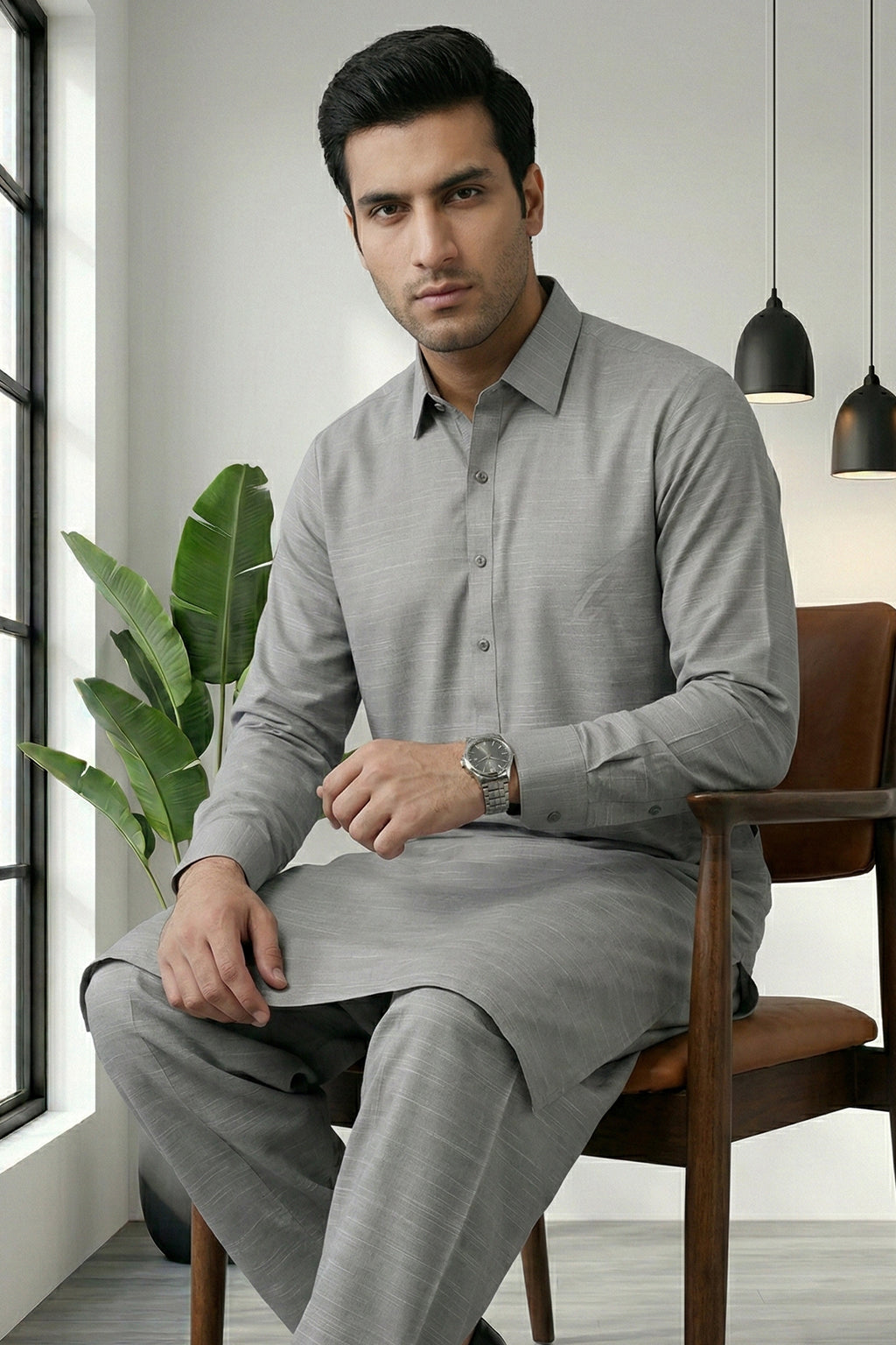 Ash Grey Kurta Shalwar by Al Deebaj, photo 3