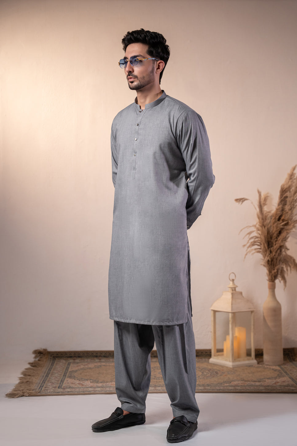 Malaysia Grey Plain Kurta Shalwar by Al Deebaj