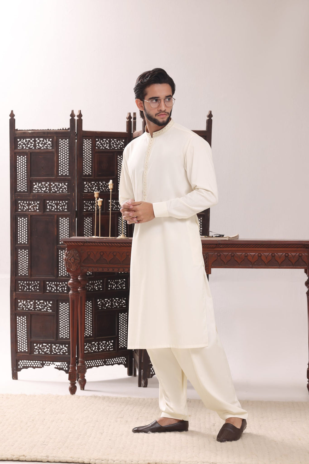 Cream Embroidery Kurta Shalwar by Al Deebaj