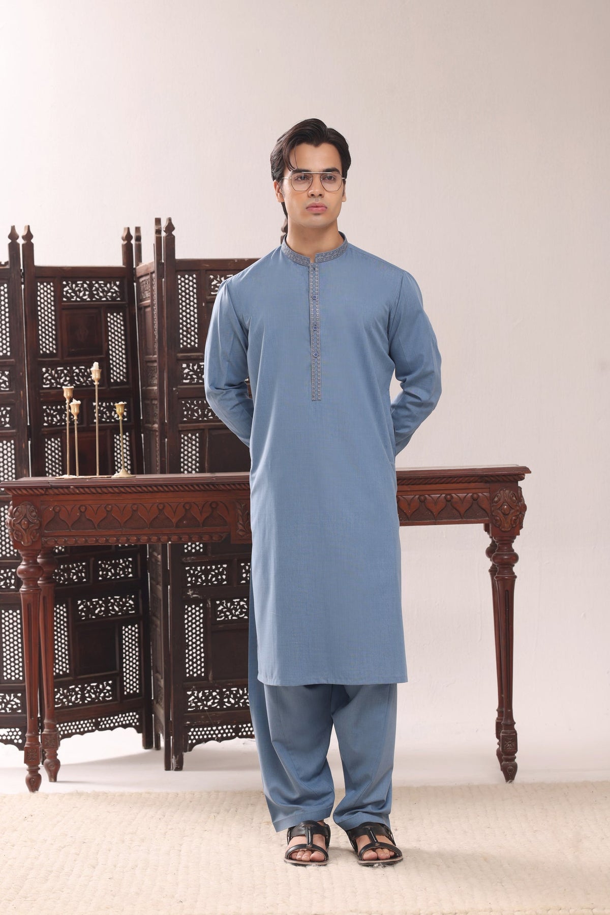 Light Blue Embroidered Kurta Shalwar by Al Deebaj
