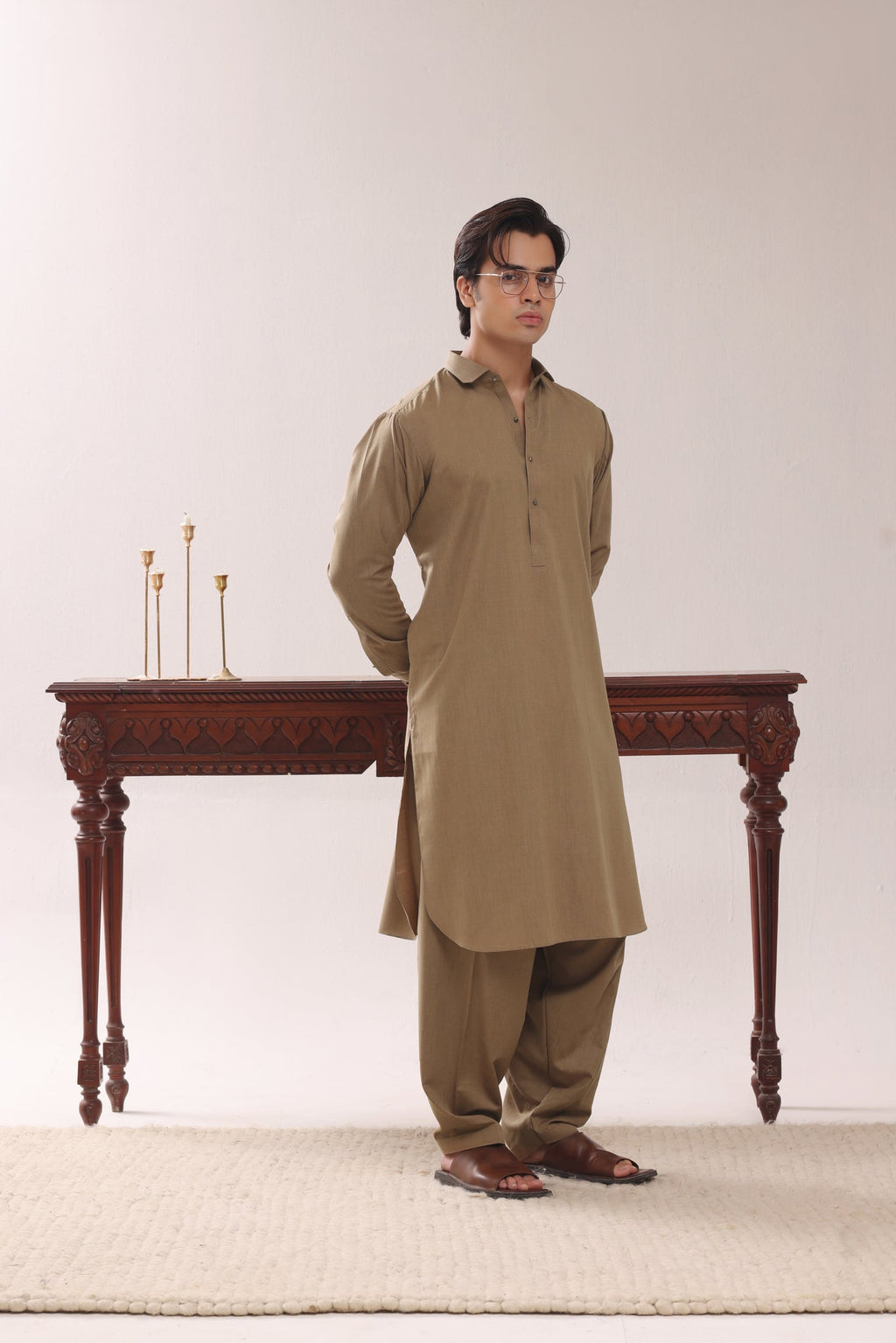 Camel Plain Kurta Shalwar by Al Deebaj