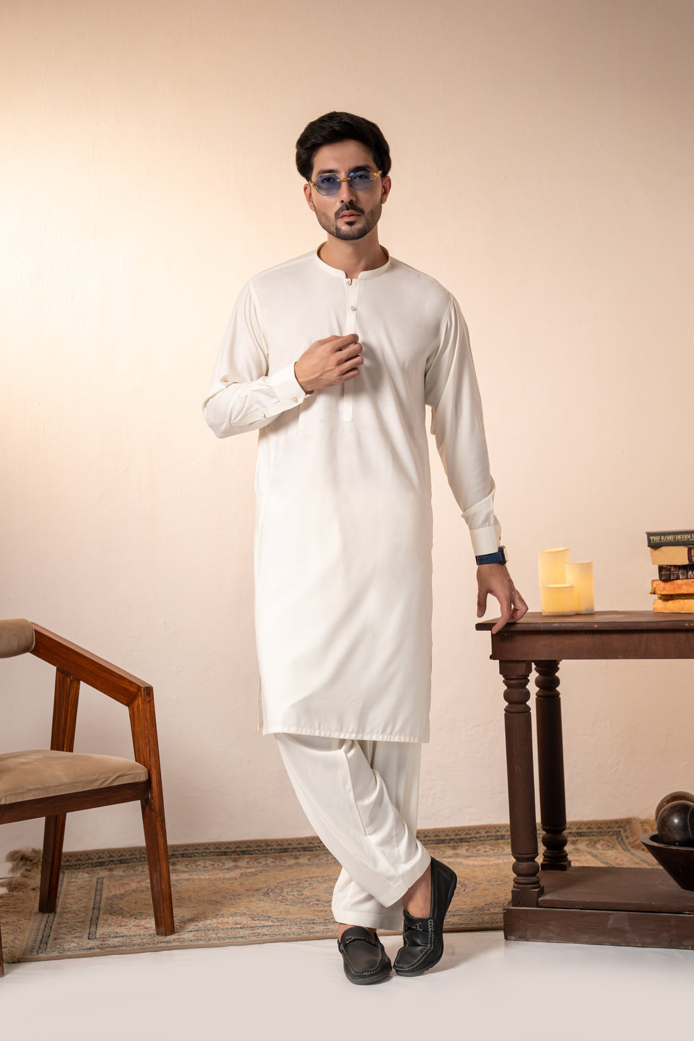 Cream Plain Kurta Shalwar by Al Deebaj